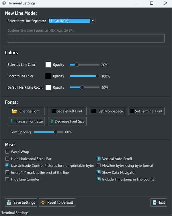 SerialTool Terminal Settings window