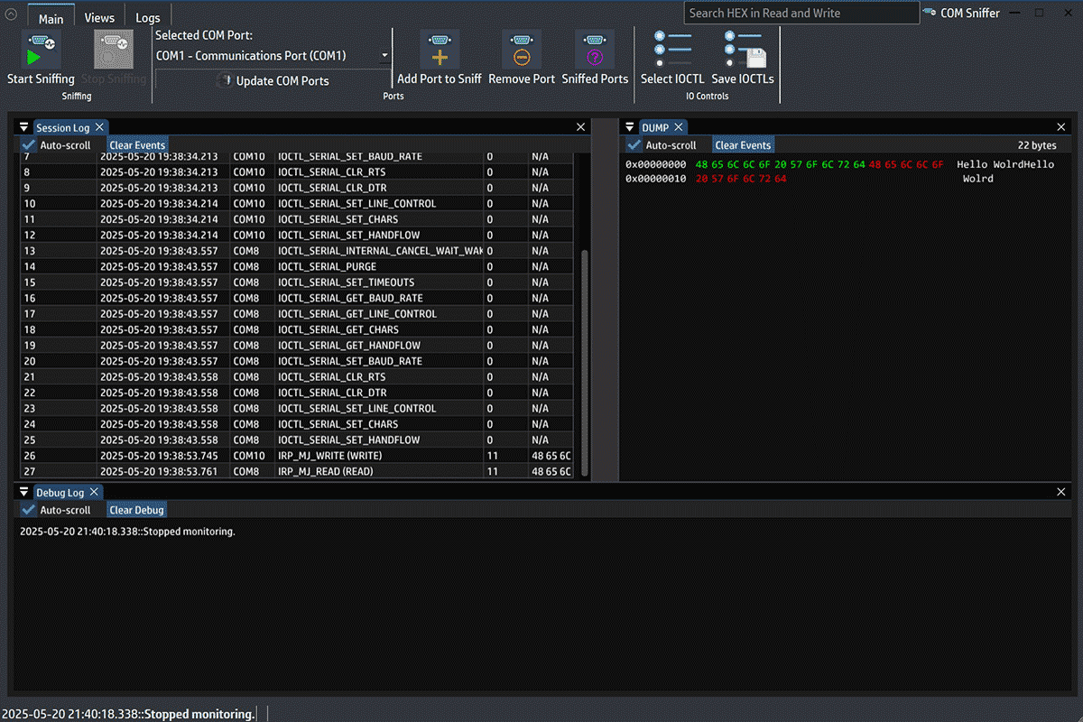 Session Log and Dump Layout